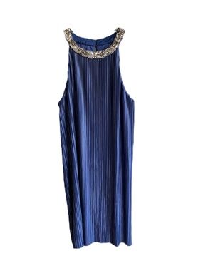 Aidan Mattox Navy Pleated Midi Dress Size 8 Beaded Yoke Sleeveless Wedding Guest
